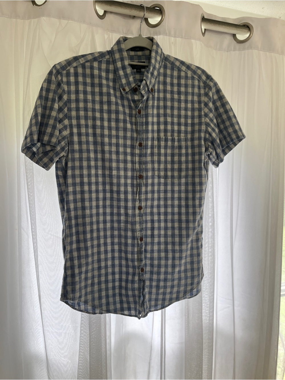 J. Crew Navy Gingham Short-Sleeve Button Shirt preppy homespun 100% cotton small